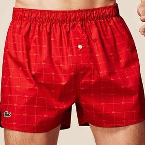 Lacoste Authentics Premium Cotton Woven Boxers, Red with Croc Print design.